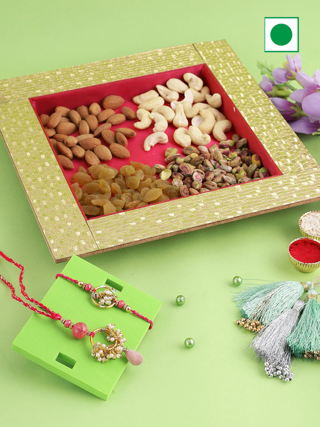 

Aapno Rajasthan Pack Of 2 Beaded Rakhis With Dryfruits Gift Set, Red