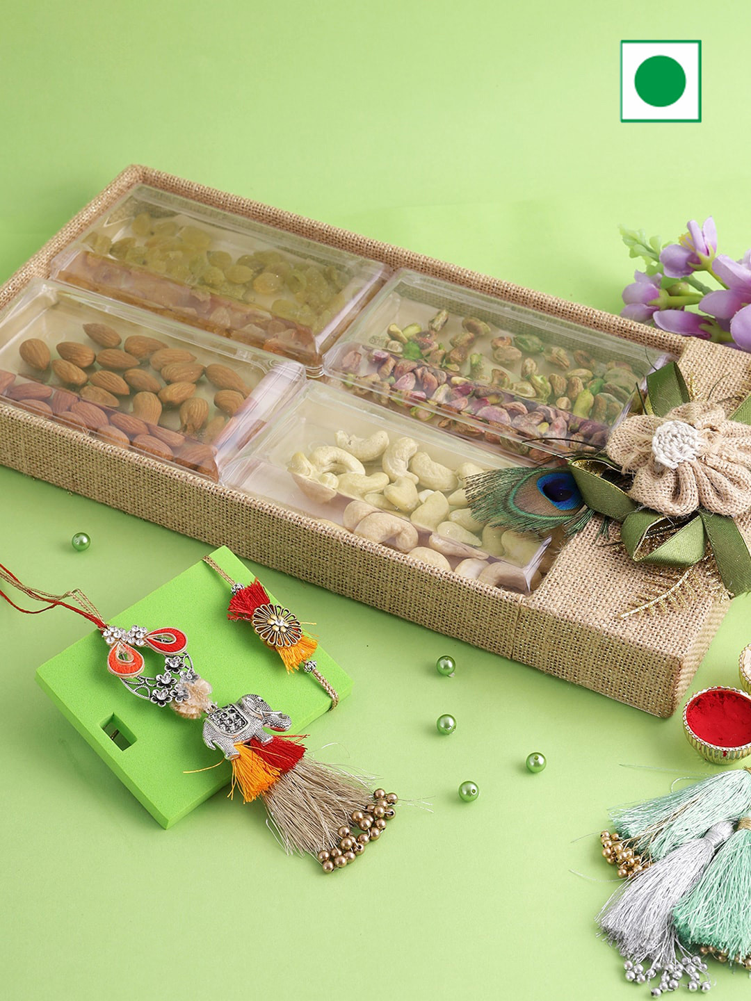 

Aapno Rajasthan Serving Tray And Dryfruits With 2 Rakhi- 100gms Each, Red