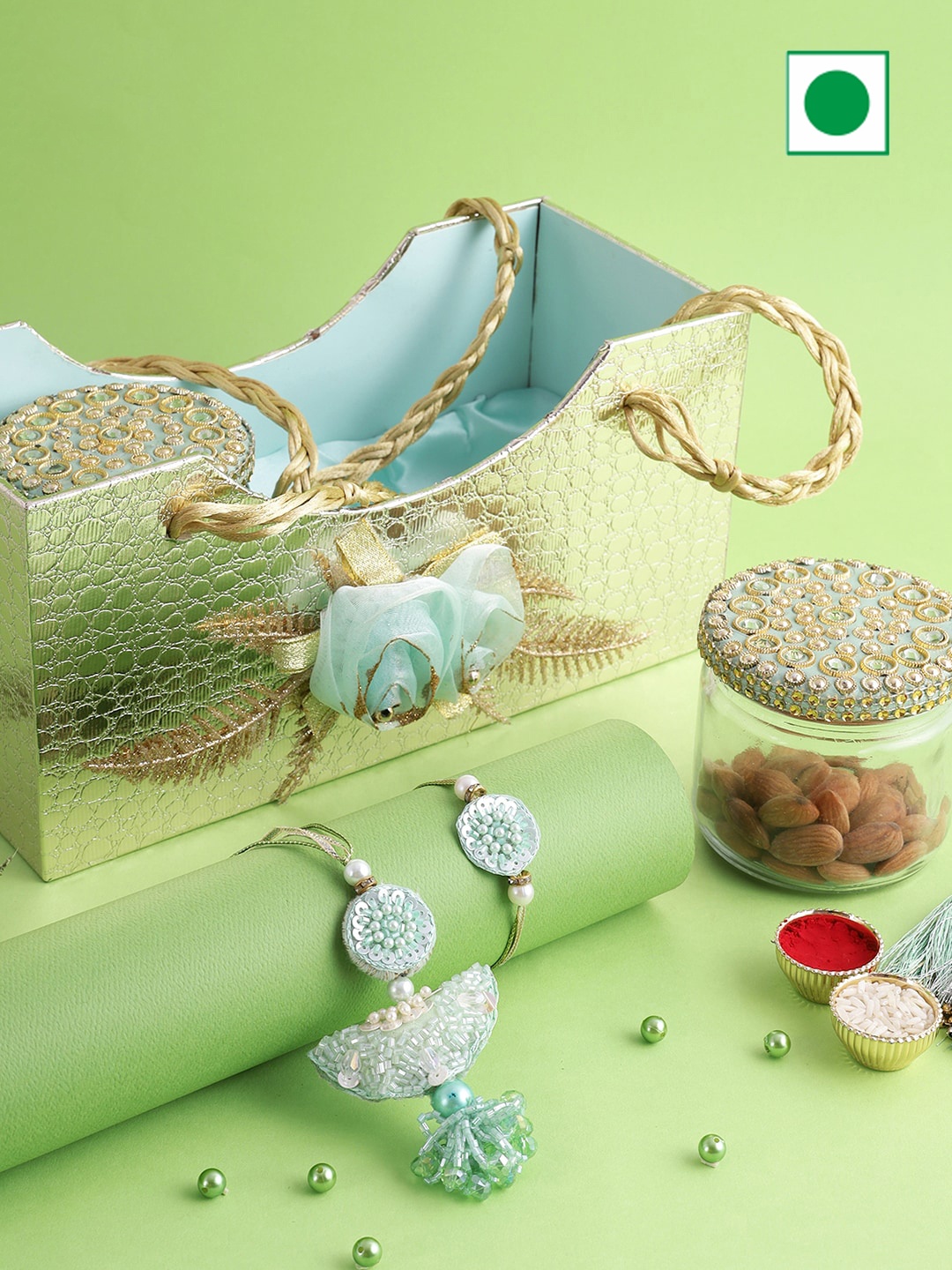 

Aapno Rajasthan Set of 2 Stone-Studded Rakhi Gift Set, Green