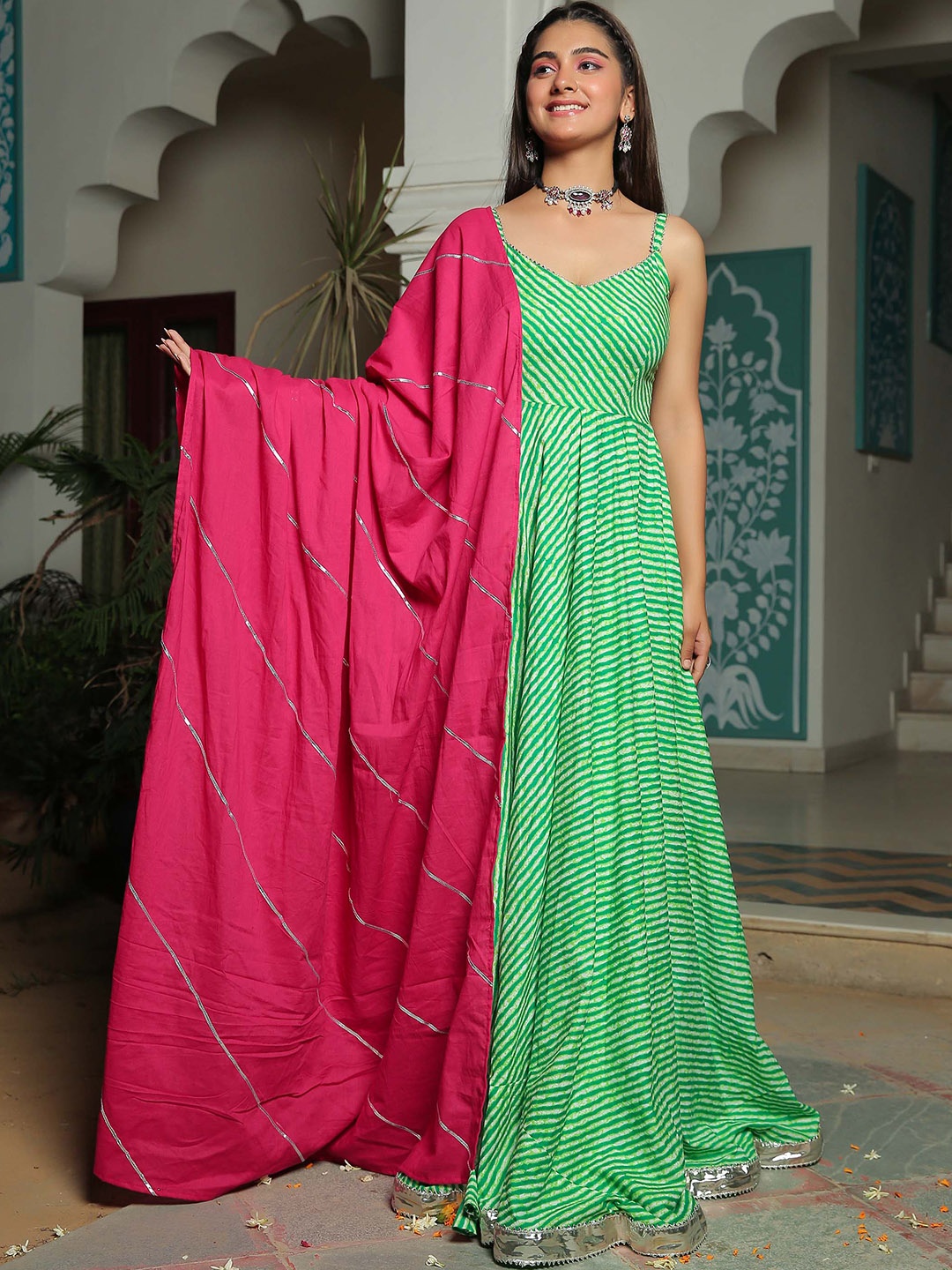 

KAORI BY SHREYA AGARWAL Lehriya Printed Pure Cotton Anarkali Dress With Dupatta, Green