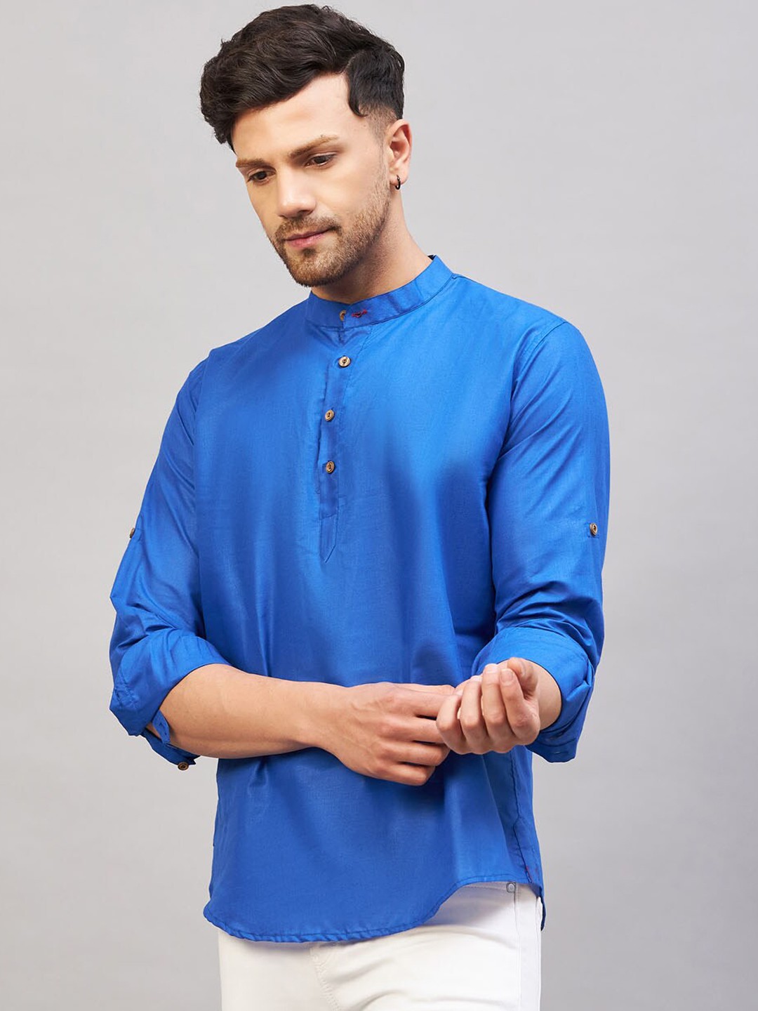 

VASTRAMAY Band Collar Roll-Up Sleeves Cotton Straight Kurta, Blue