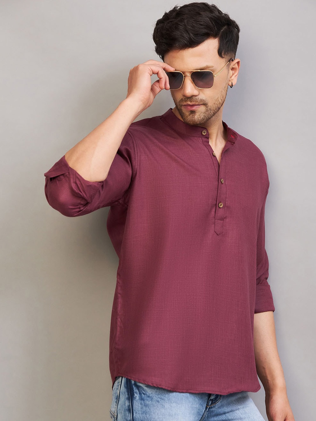 

VASTRAMAY Band Collar Roll-Up Sleeves Cotton Straight Kurta, Purple