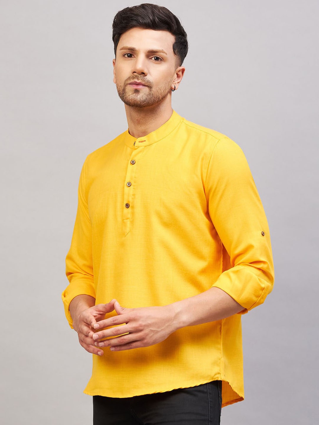 

VASTRAMAY Band Collar Cotton Straight Kurta, Mustard