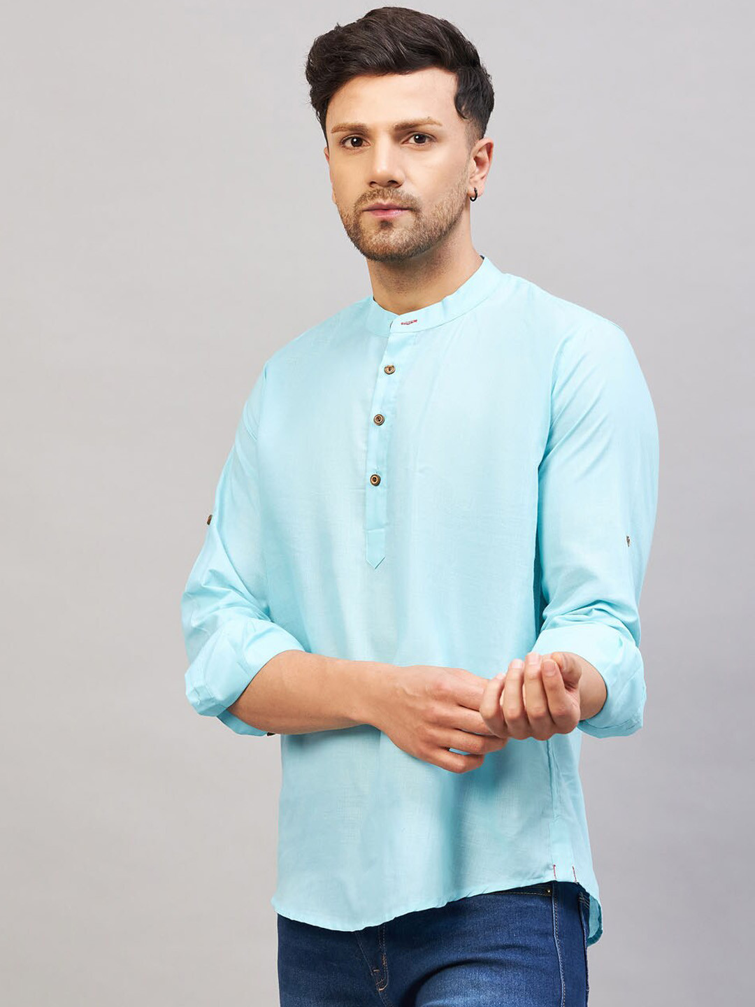 

VASTRAMAY Band Collar Cotton Straight Kurta, Blue