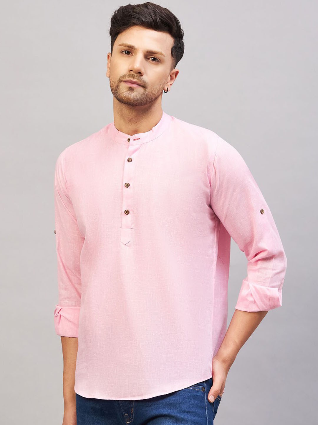 

VM Band Collar Cotton Straight Kurta, Pink