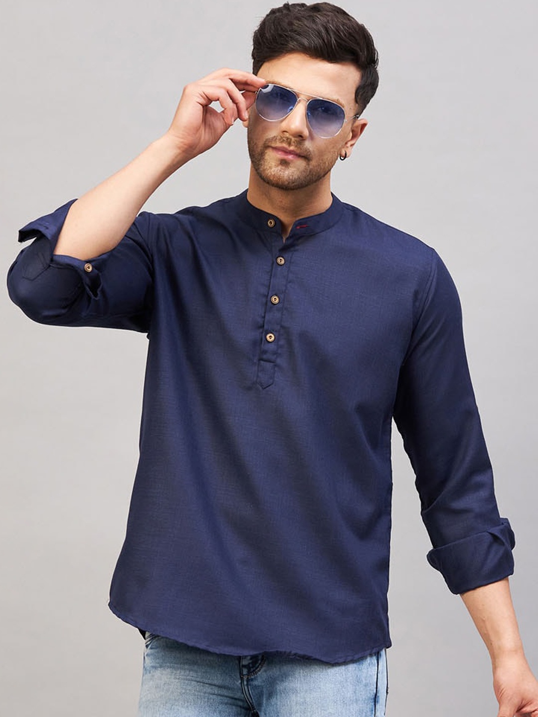

VASTRAMAY Band Collar Roll-Up Sleeves Cotton Straight Kurta, Blue
