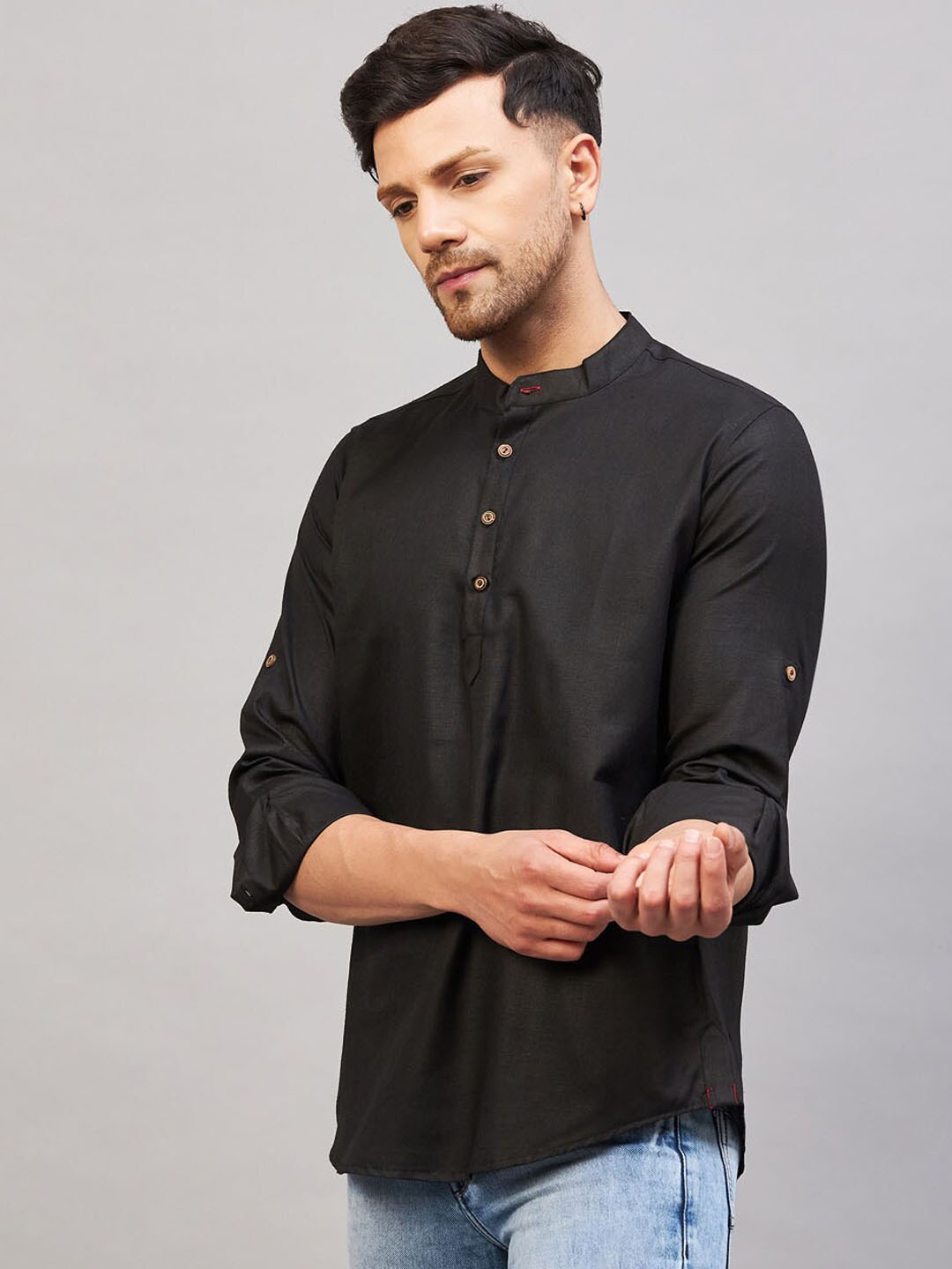 

VM Band Collar Roll-Up Sleeves Cotton Pathani Regular Kurta, Black
