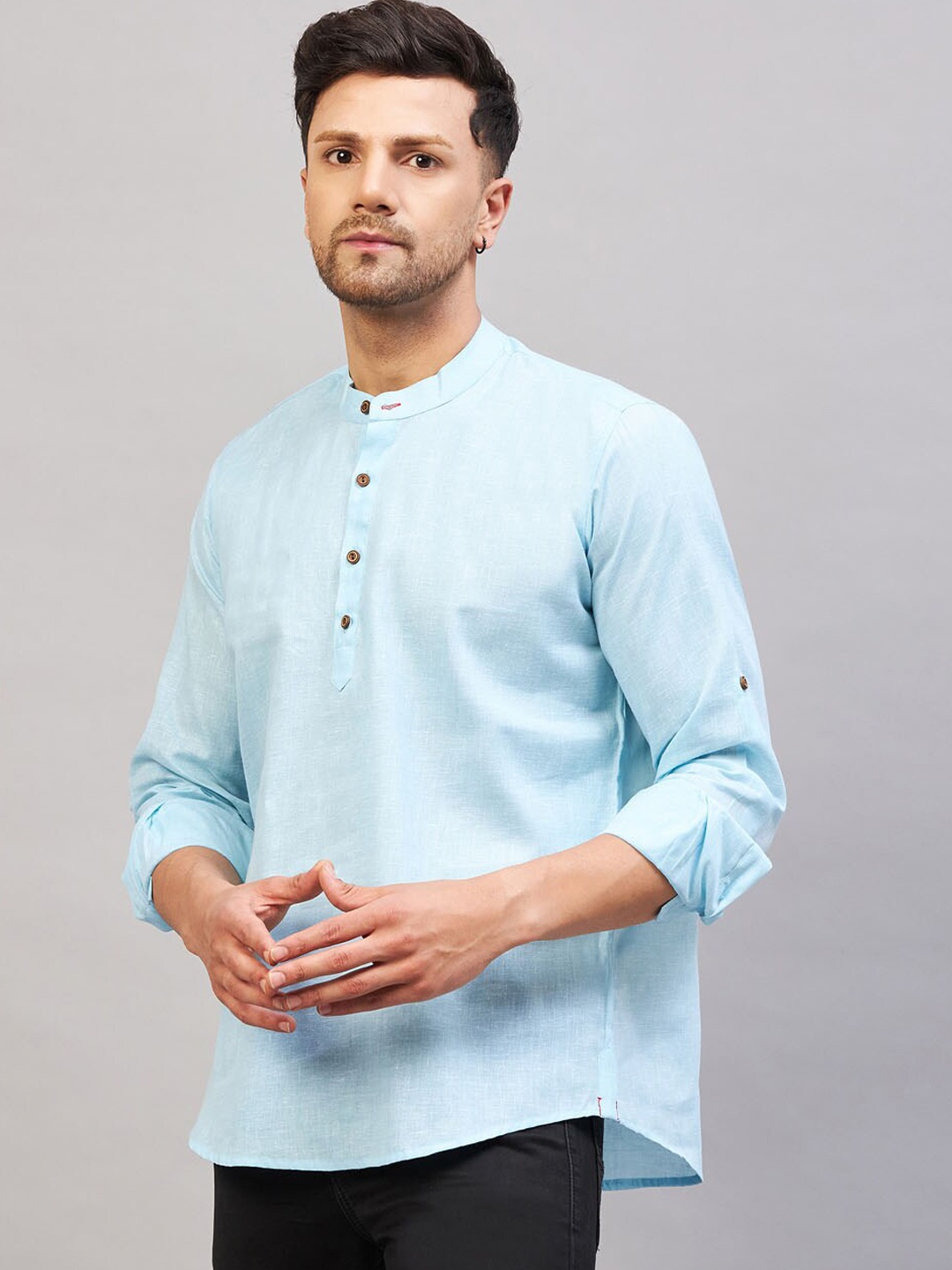 

VASTRAMAY Band Collar Cotton Straight Kurta, Blue