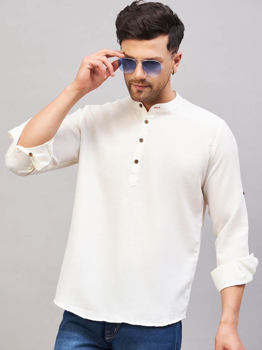 

VM Band Collar Cotton Straight Kurta, Cream