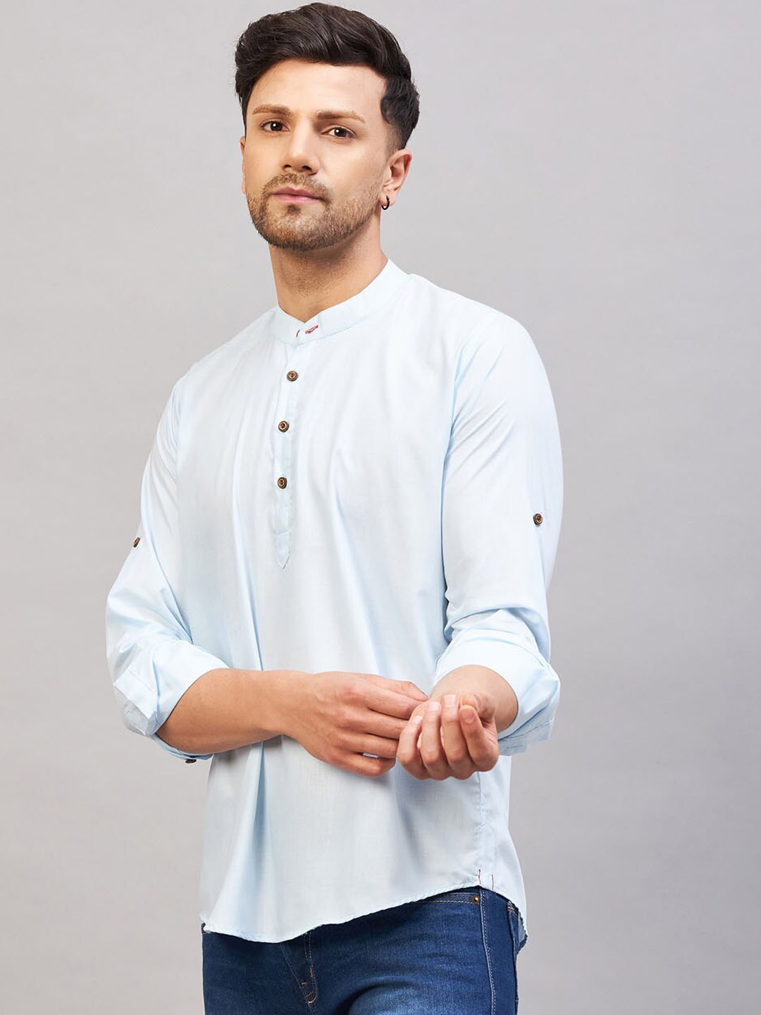 

VASTRAMAY Band Collar Cotton Straight Kurta, Blue