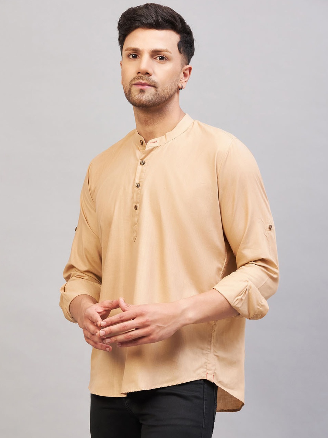 

VASTRAMAY Band Collar Cotton Straight Kurta, Khaki