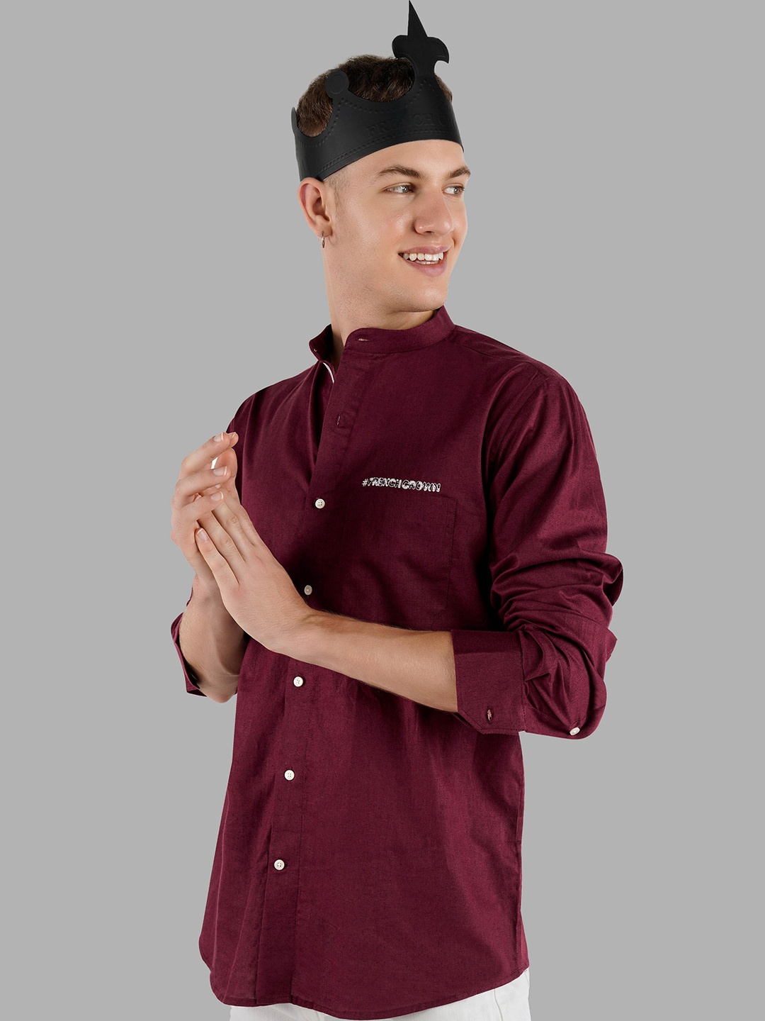 

FRENCH CROWN Mandarin Collar Cotton Casual Shirt, Maroon