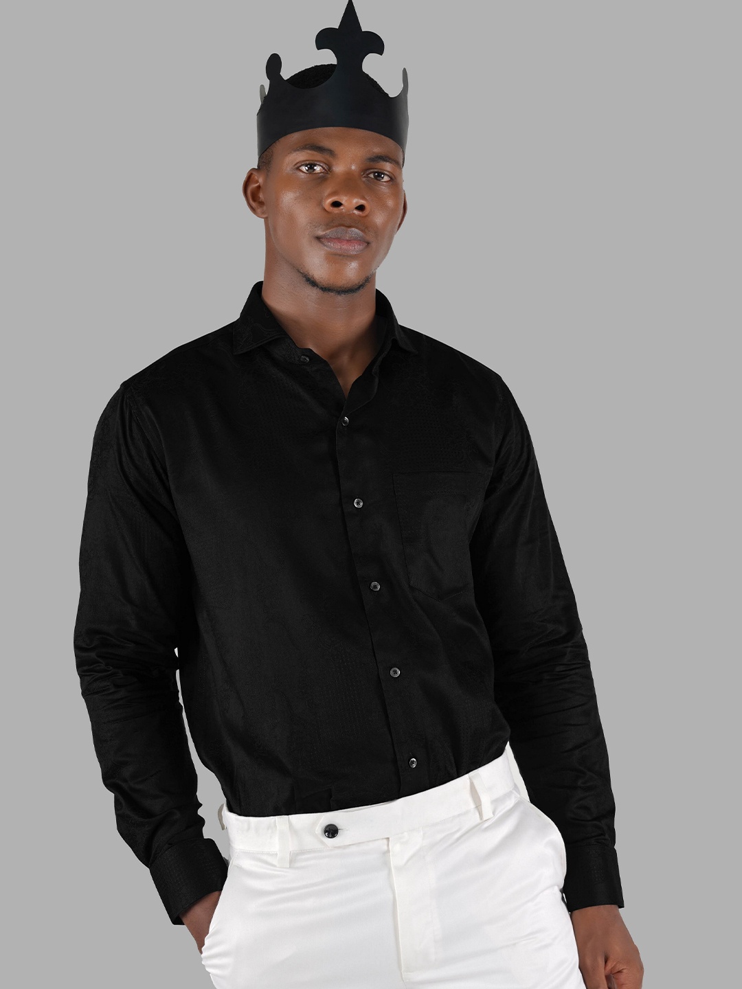 FRENCH CROWN Standard Opaque Twill Cotton Casual Shirt, Black