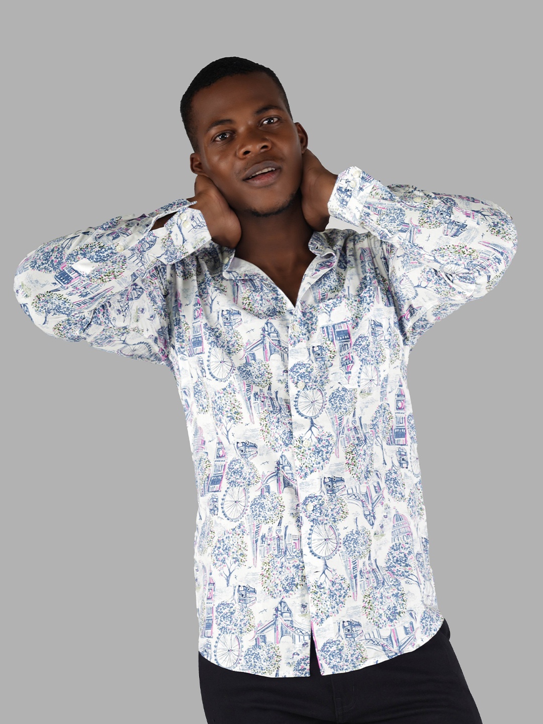 

FRENCH CROWN Standard Conversational Printed Cotton Casual Shirt, White