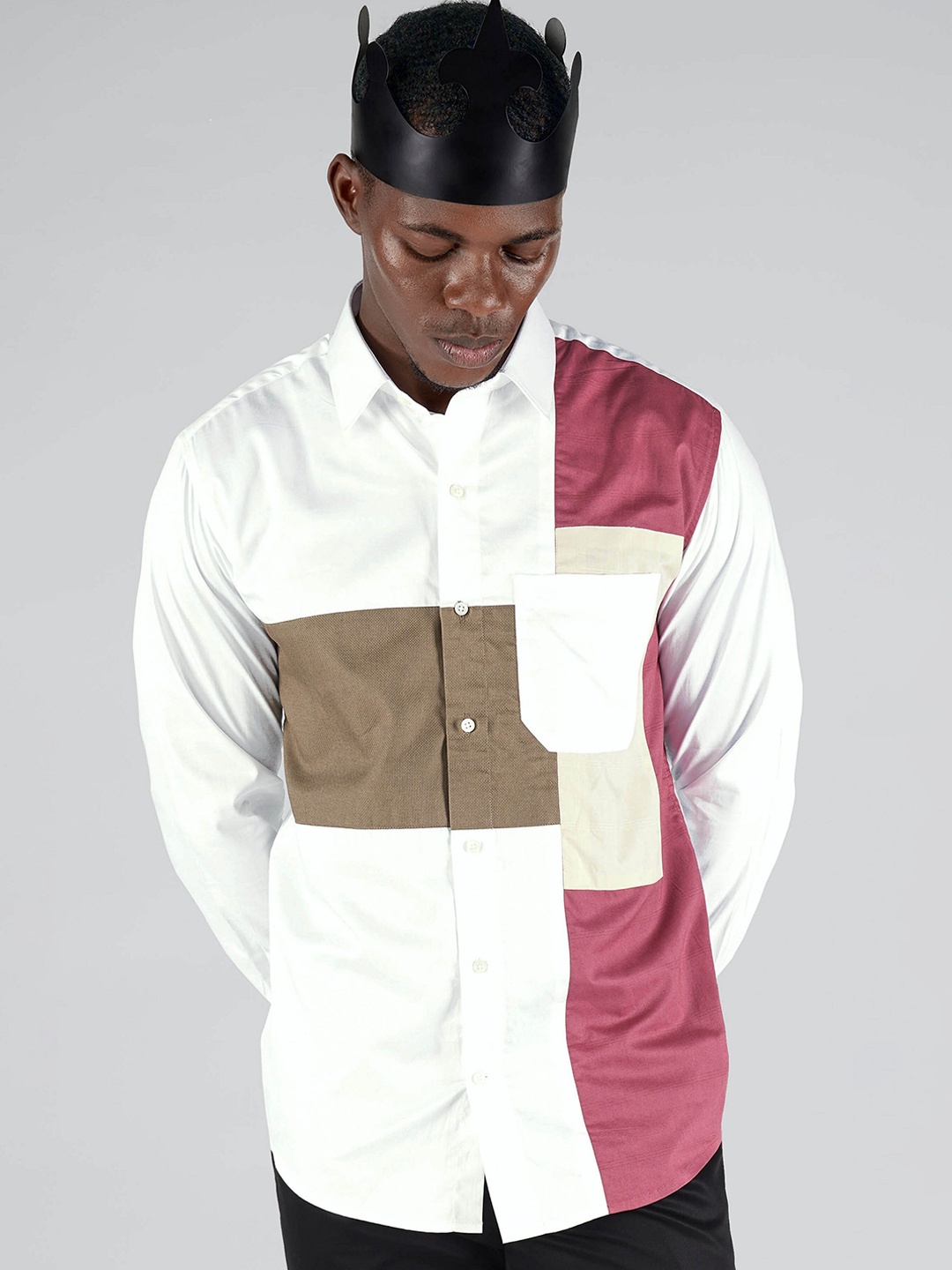 

FRENCH CROWN Standard Colourblocked Spread Collar Cotton Casual Shirt, White