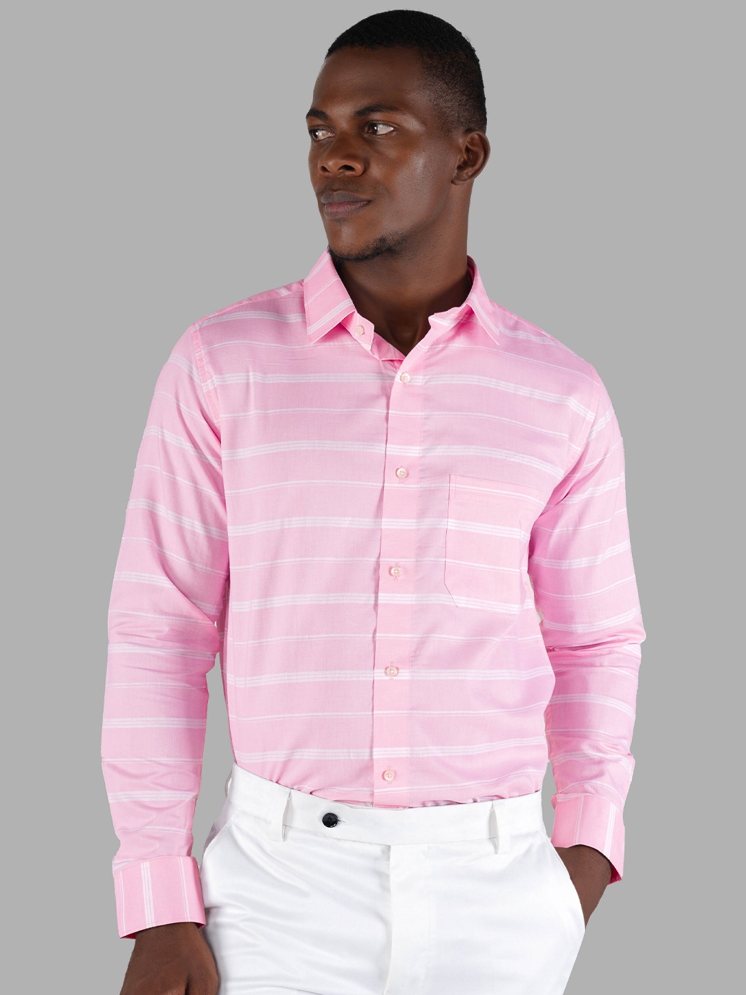 

FRENCH CROWN Standard Striped Opaque Cotton Casual Shirt, Pink
