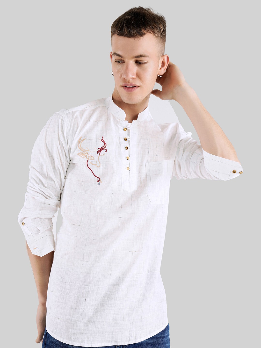 

FRENCH CROWN Standard Checked Mandarin Collar Twill Cotton Casual Shirt, White