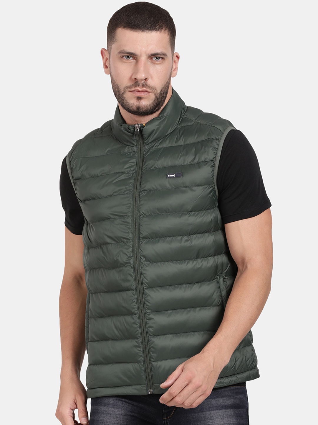 

t-base Stand Collar Sleeveless Windcheater Puffer Jacket, Green