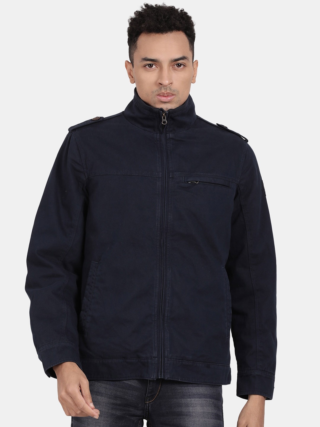 

t-base Windcheater Mock Collar Shoulder Tabs Detail Cotton Tailored Jacket, Navy blue