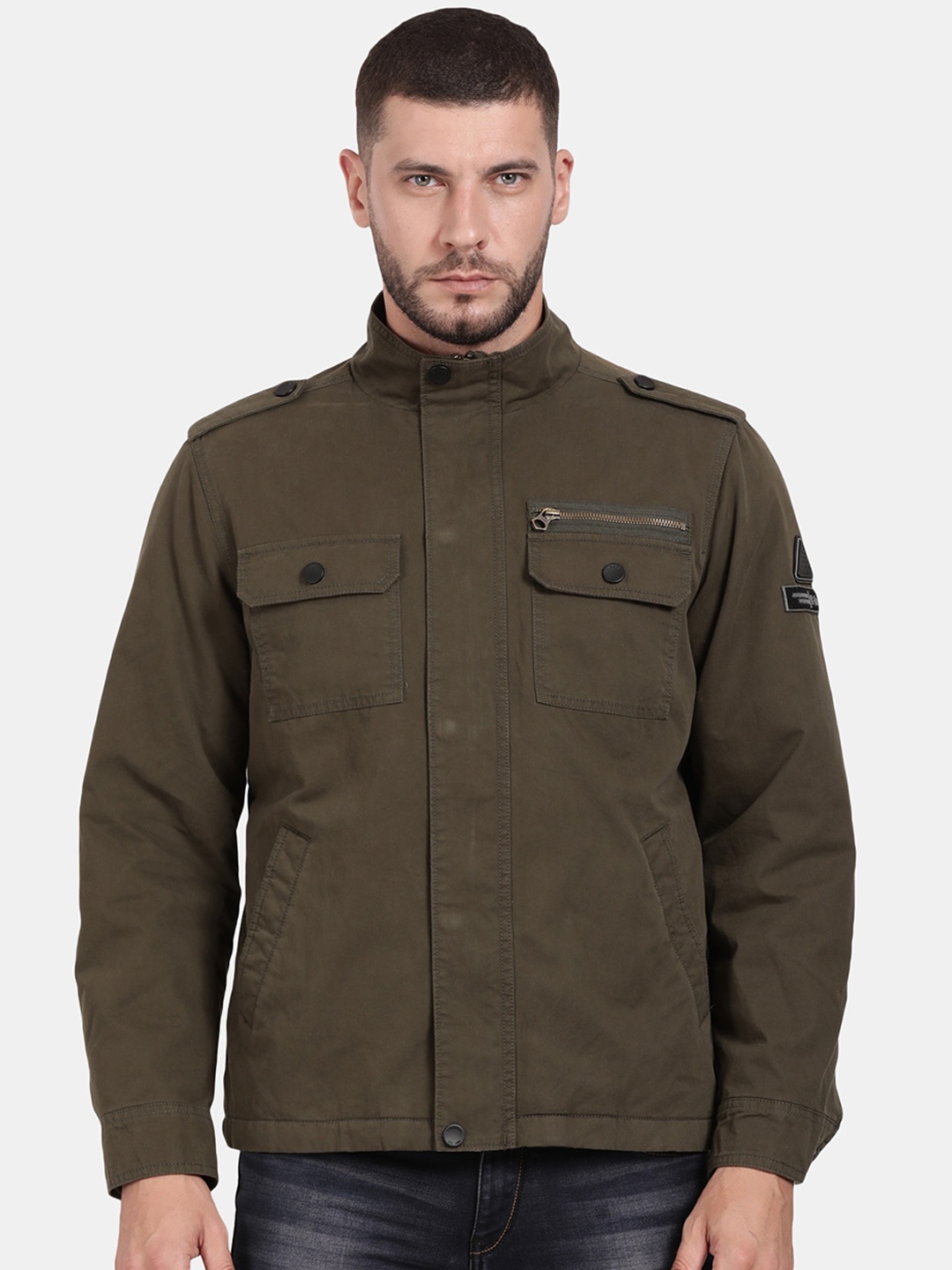 

t-base Windcheater Mock Collar Shoulder Tabs Detail Cotton Tailored Jacket, Olive