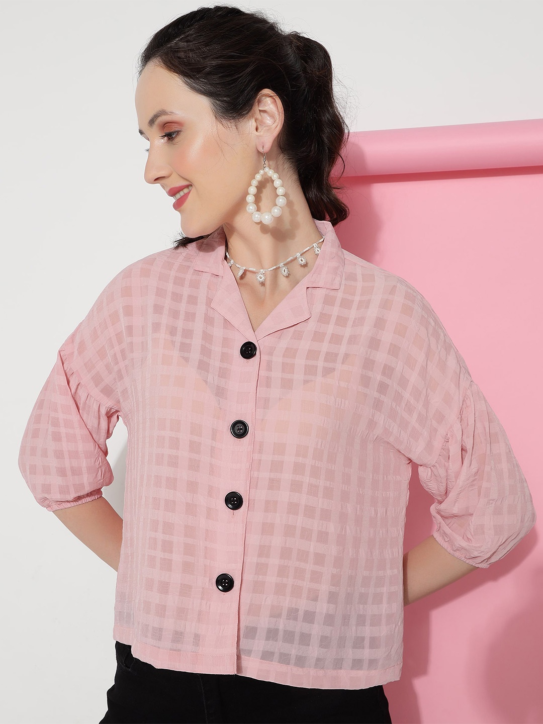 

J Turritopsis Classic Gingham Checked Cuban Collar Puff Sleeves Oversized Casual Shirt, Pink