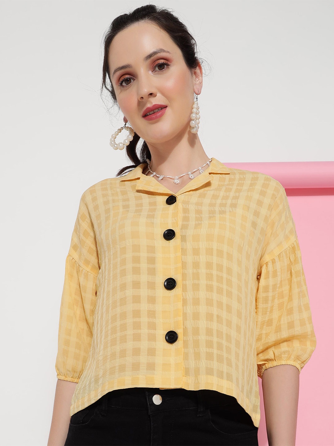 

J Turritopsis Classic Oversized Gingham Checked Cuban Collar Puff Sleeves Casual Shirt, Yellow