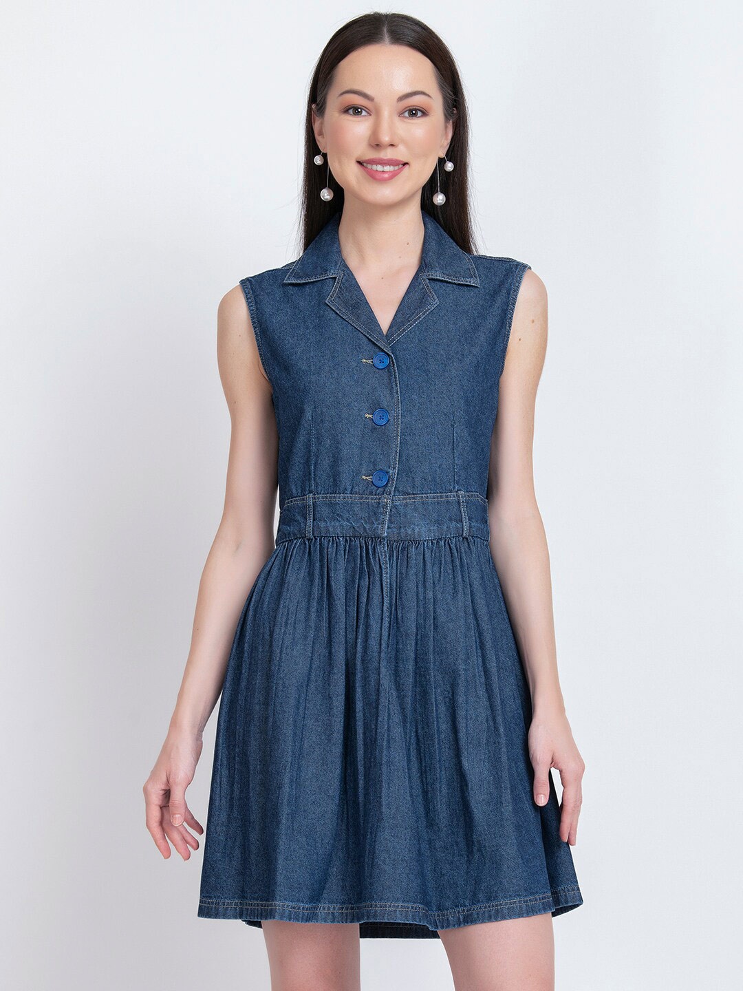 

urSense Cuban Collar Sleeveless Gathered Denim Fit & Flare Dress, Blue