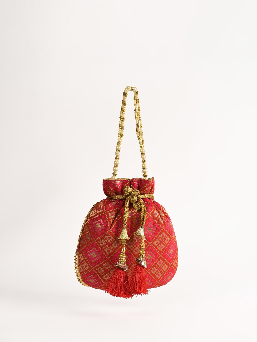 

KALKI Fashion Printed Potli Clutch With Tasselled, Red