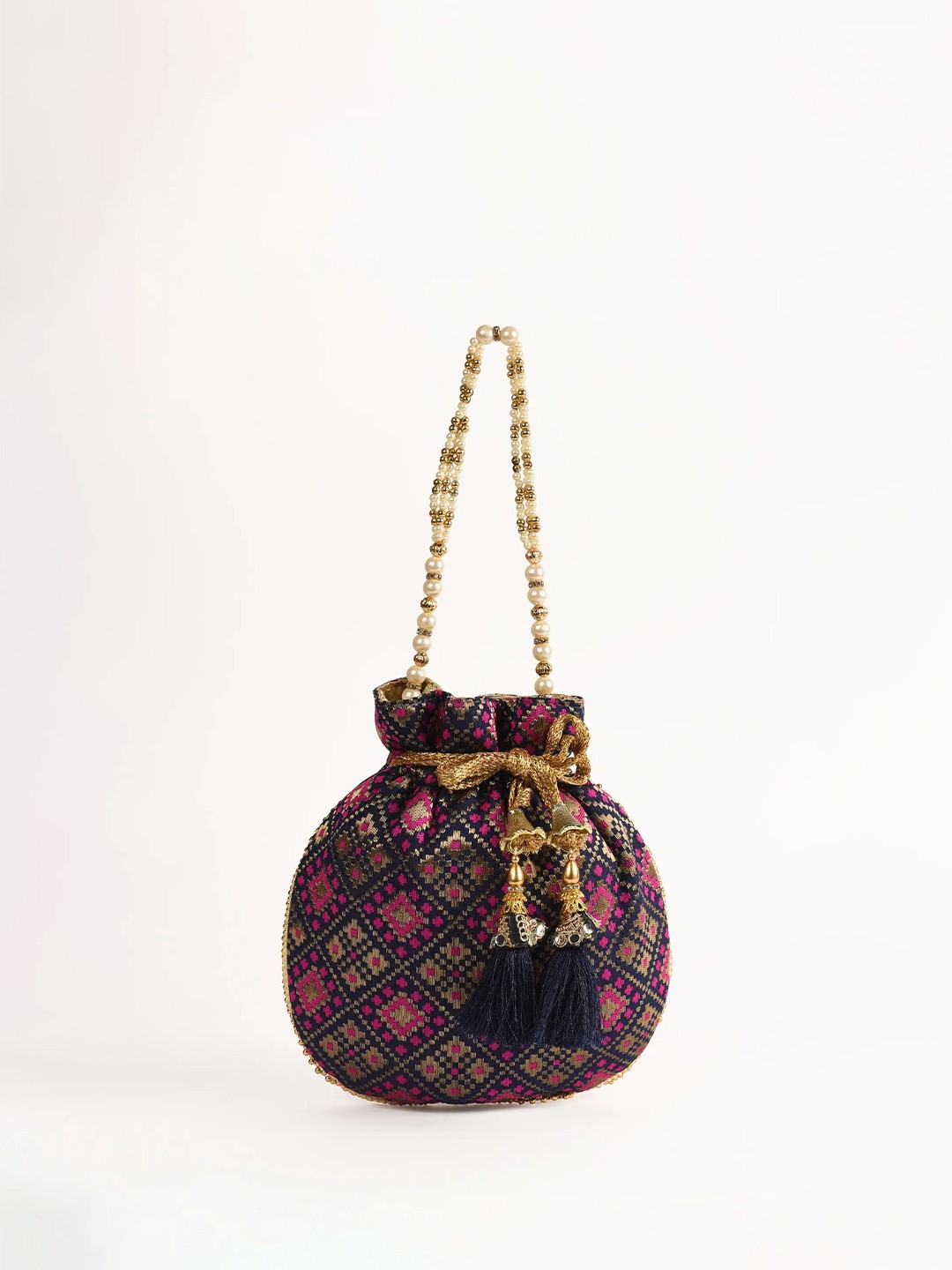 

KALKI Fashion Printed Potli Clutch With Tasselled, Blue