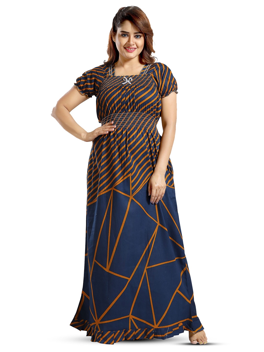 Inner Beats Geometric Printed Square Neck Maxi Nightdress, Blue