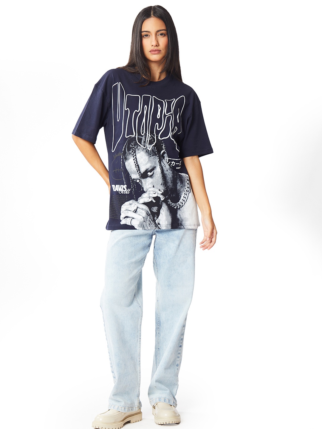 

Bonkers Corner Graphic Printed Drop-Shoulder Cotton Relaxed Fit T-shirt, Navy blue
