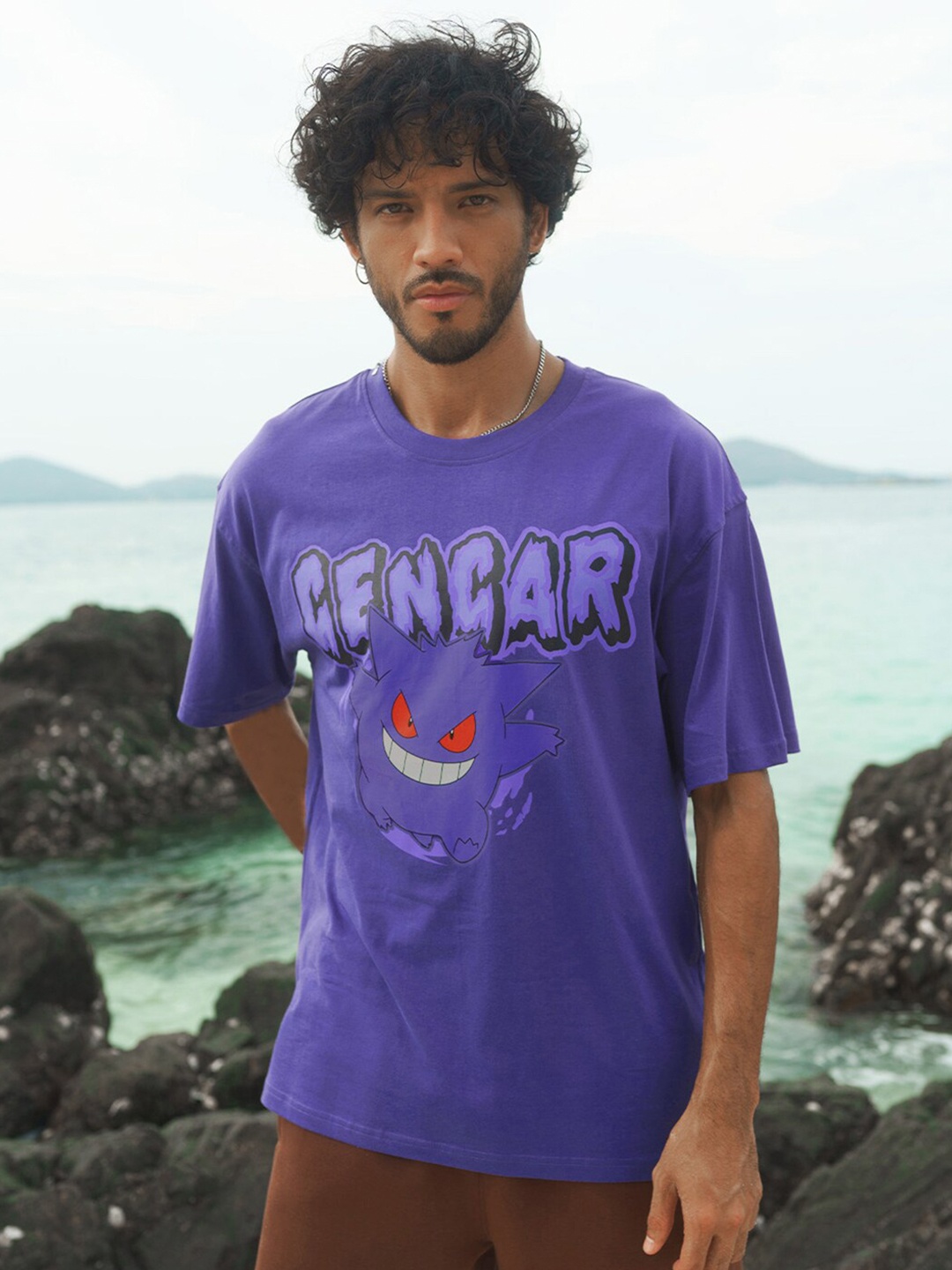 

Bonkers Corner Purple Gengar Printed Drop-Shoulder Sleeves Oversized Cotton T-shirt