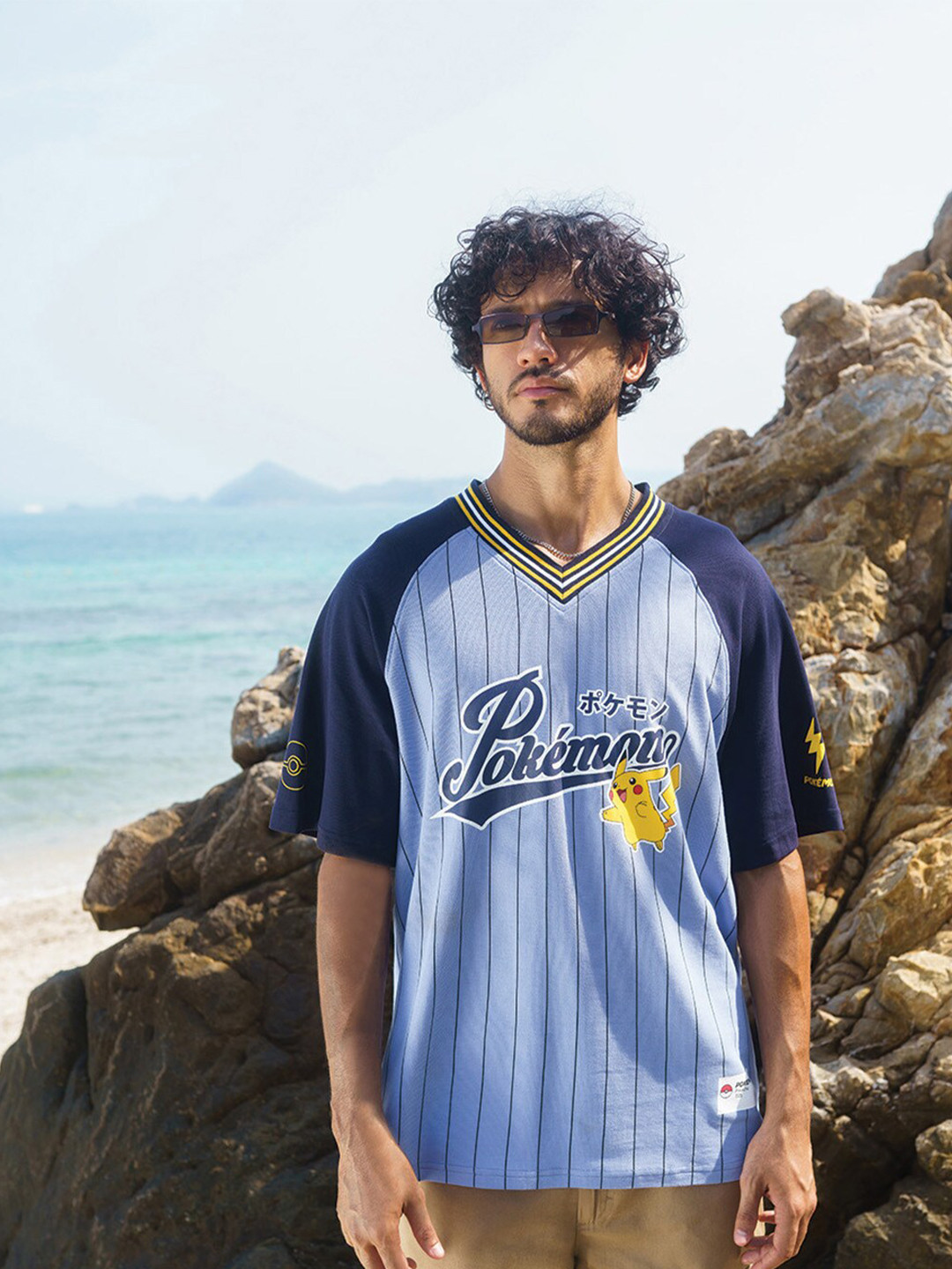 

Bonkers Corner Typography Printed V-Neck Cotton T-shirt, Blue