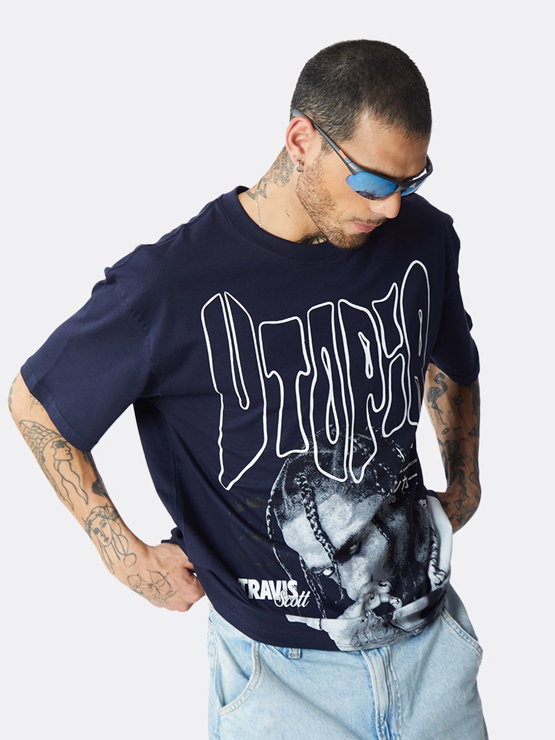 Bonkers Corner Navy Blue Graphic Printed Drop-Shoulder Sleeves Oversized Cotton T-shirt