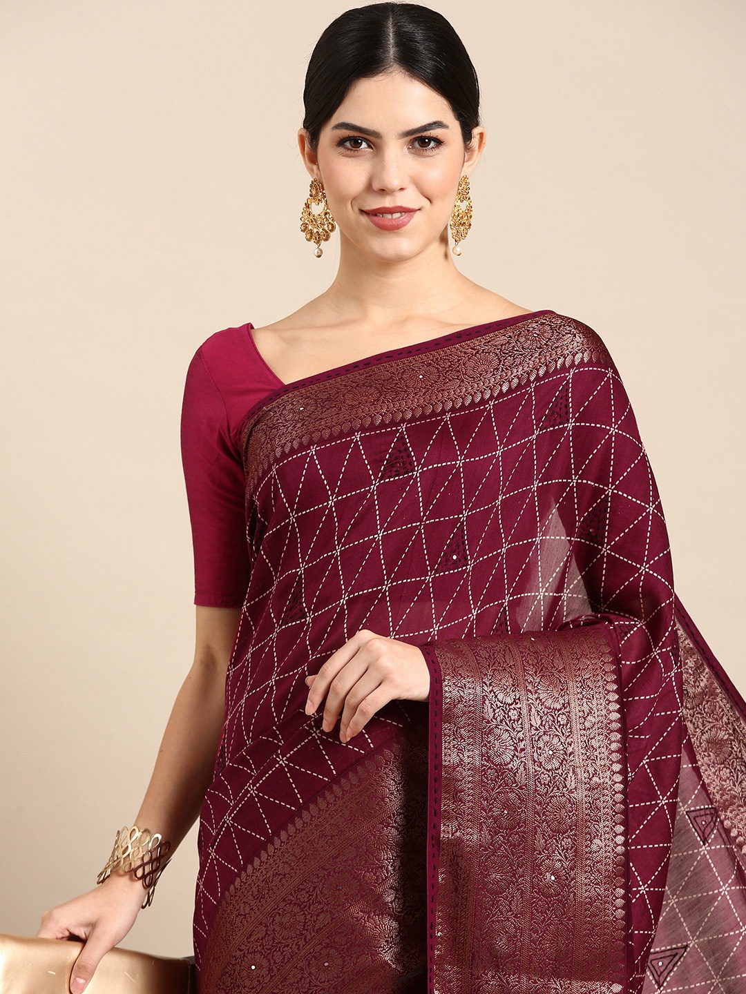 

Kalyan Silks Geometric Printed Zari Saree, Pink