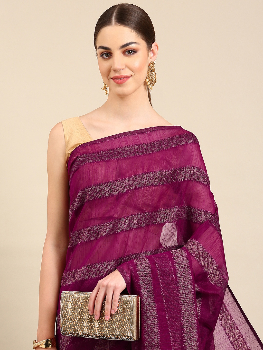 

Kalyan Silks Striped Zari Jute Silk Saree, Burgundy