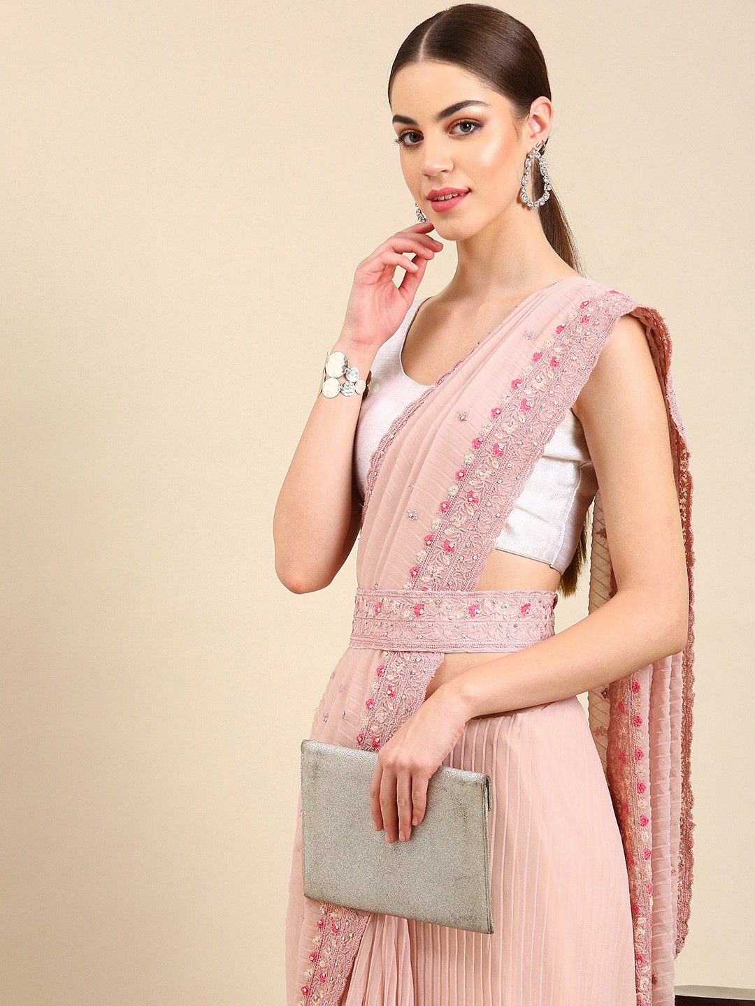 

Kalyan Silks Ethnic Motifs Embroidered Pure Georgette Belted Saree, Pink