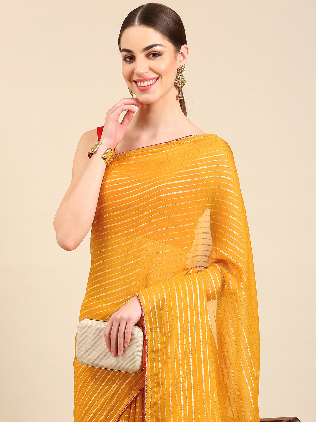 

Kalyan Silks Striped Zari Organza Saree, Yellow