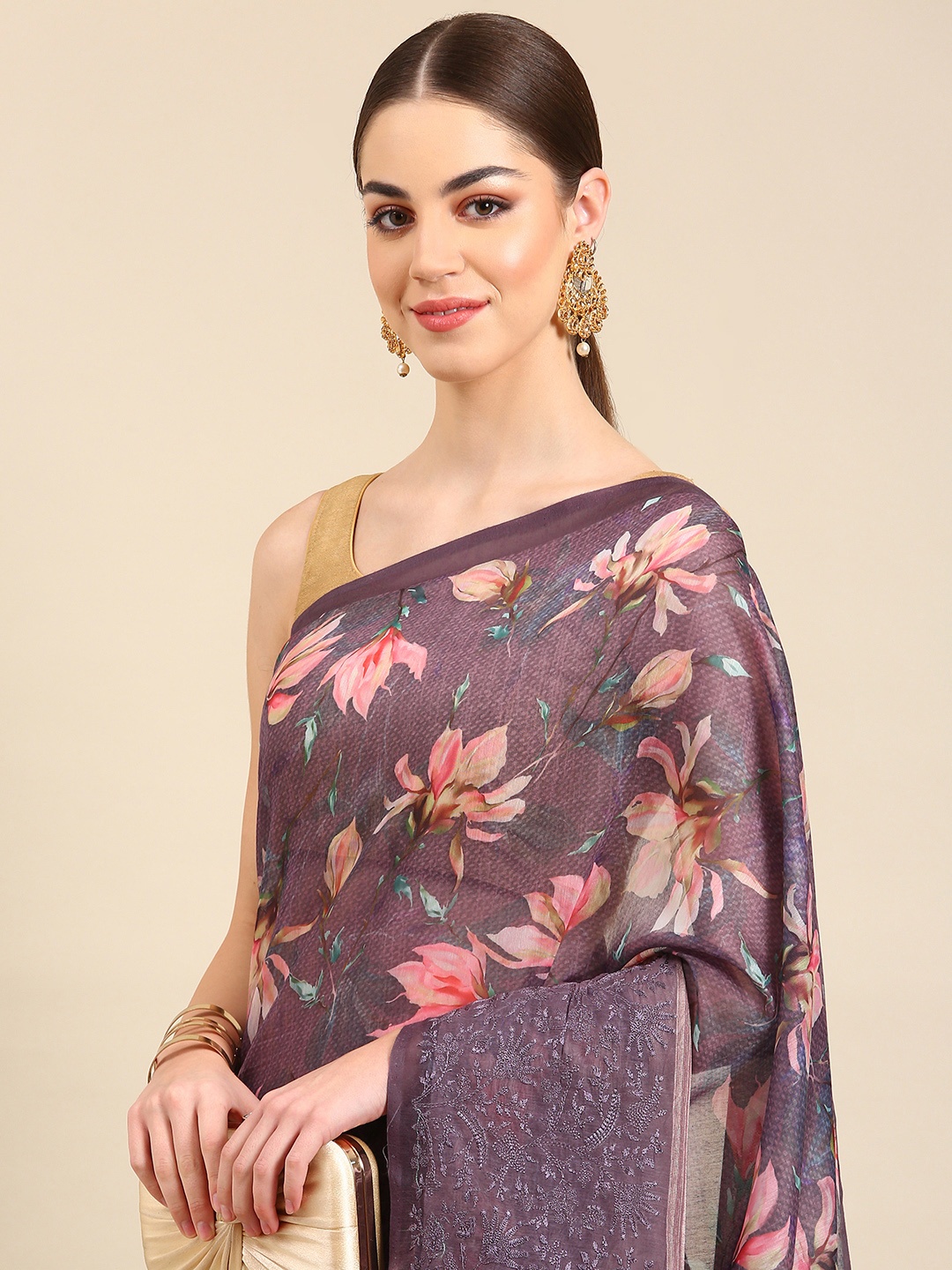 

Kalyan Silks Floral Printed Zari Saree, Lavender