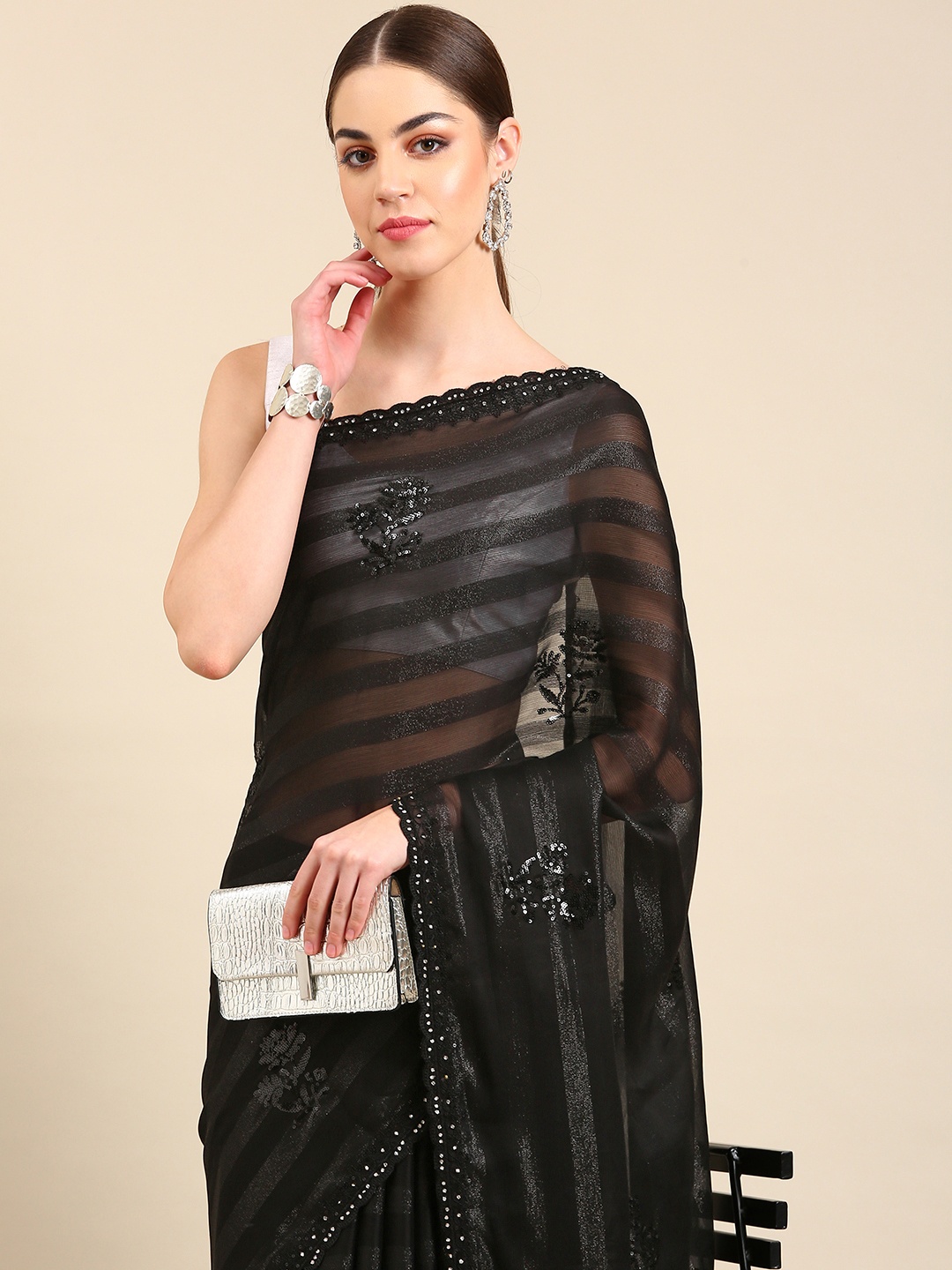 

Kalyan Silks Floral Embellished Sequinned Pure Chiffon Saree, Black