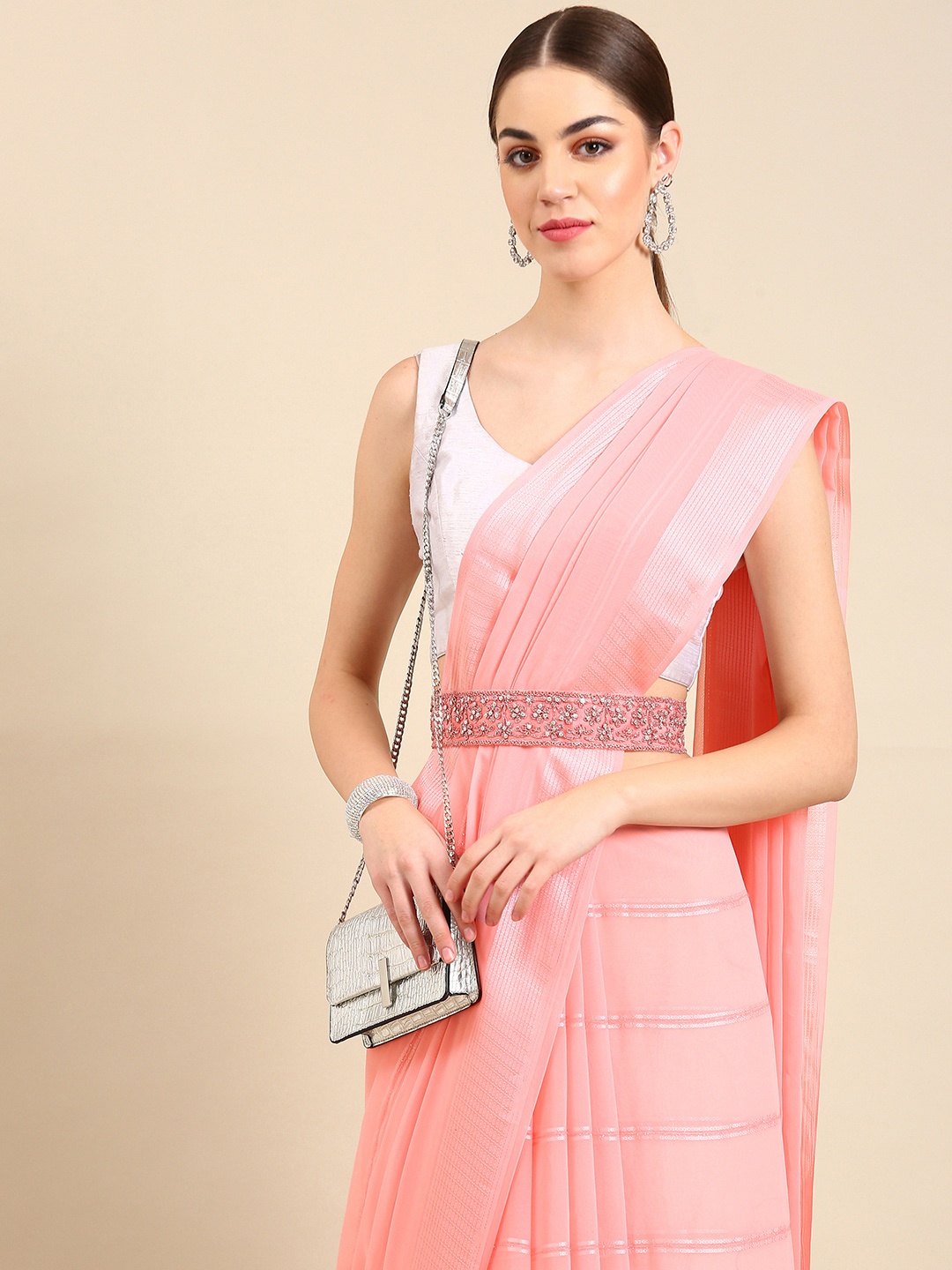 

Kalyan Silks Striped Organza Saree, Peach