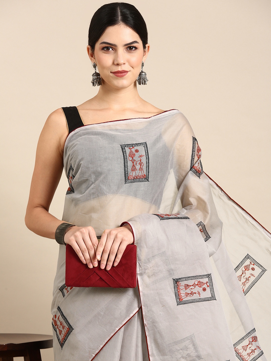 

Kalyan Silks Warli Embroidered Pure Cotton Saree, Grey