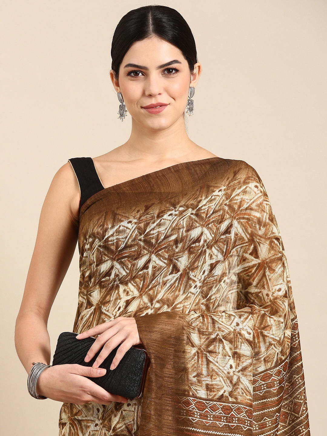 

Kalyan Silks Abstract Printed Jute Silk Saree, Brown