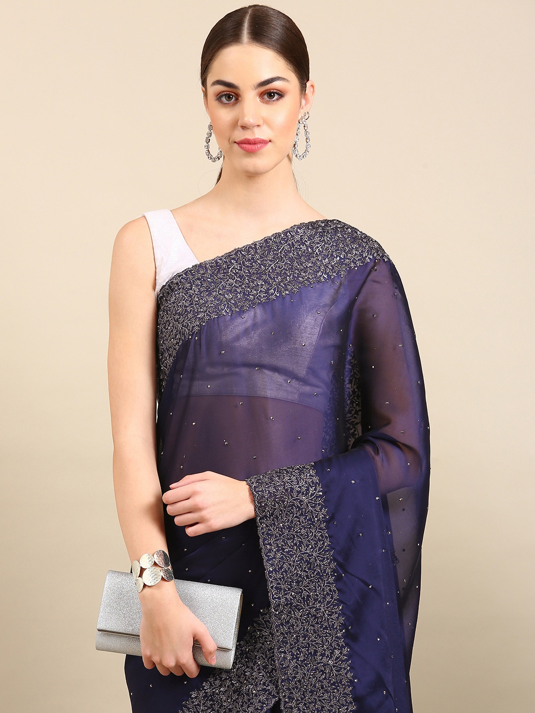 

Kalyan Silks Embellished Stones-Studded Pure Georgette Saree, Blue