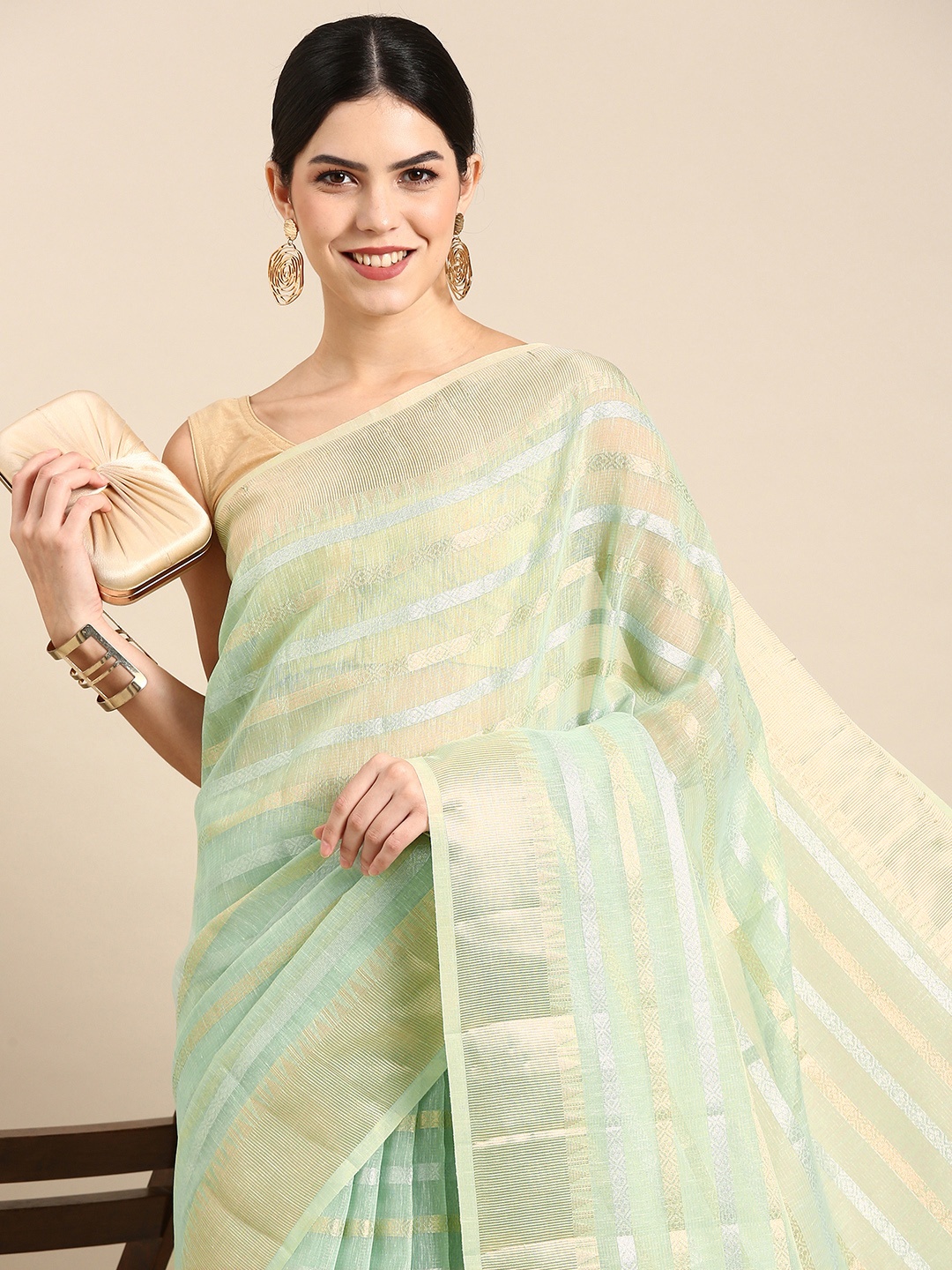

Kalyan Silks Striped Zari Pure Cotton Saree, Green