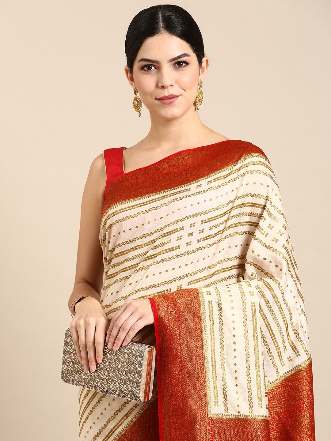 

Kalyan Silks Ethnic Motifs Embroidered Zari Saree, Cream