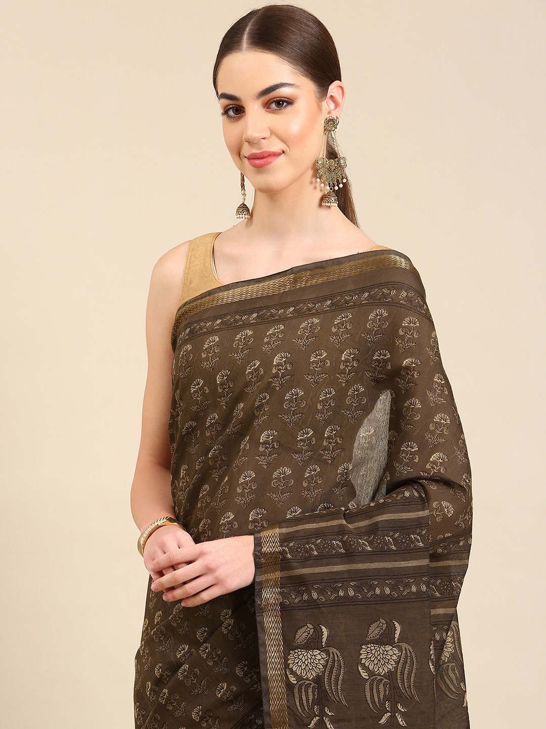 

Kalyan Silks Floral Printed Zari Pure Silk Saree, Brown