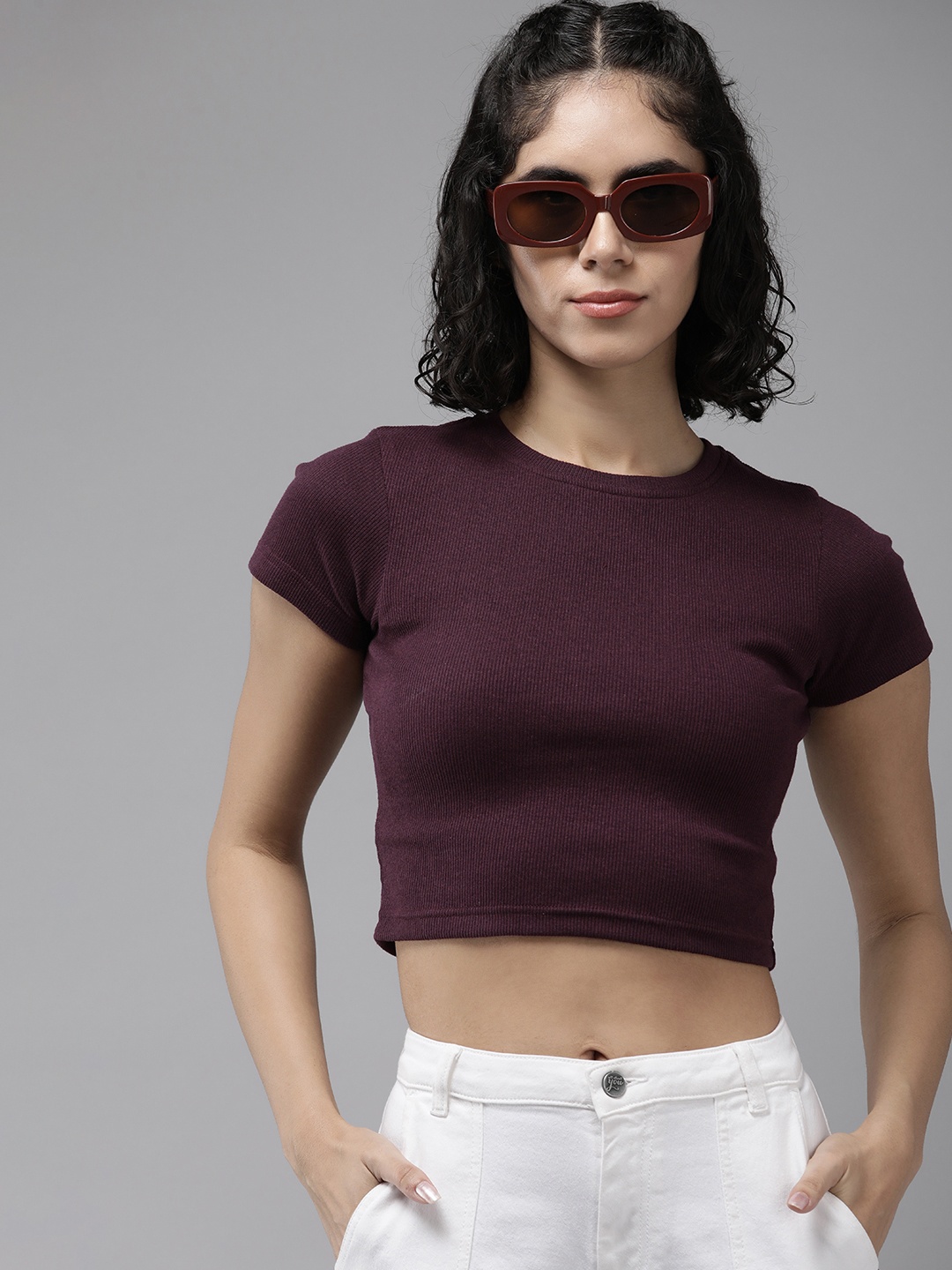 

Roadster Cap Sleeves Crop Top, Burgundy