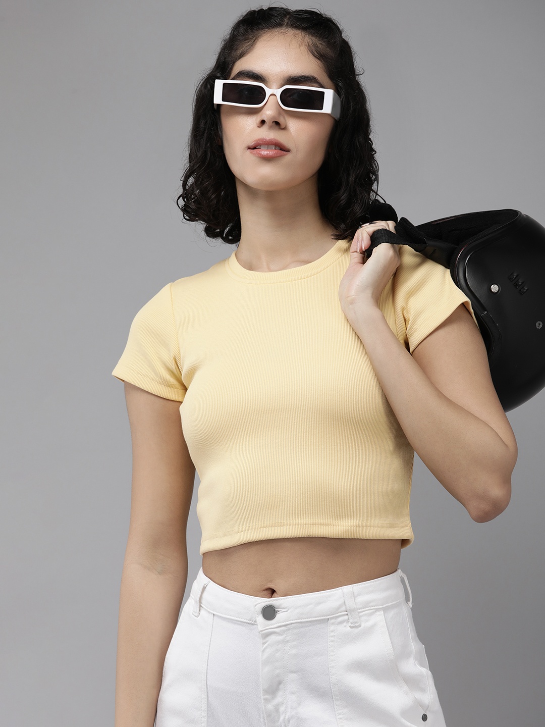 

Roadster Cap Sleeves Crop Top, Yellow