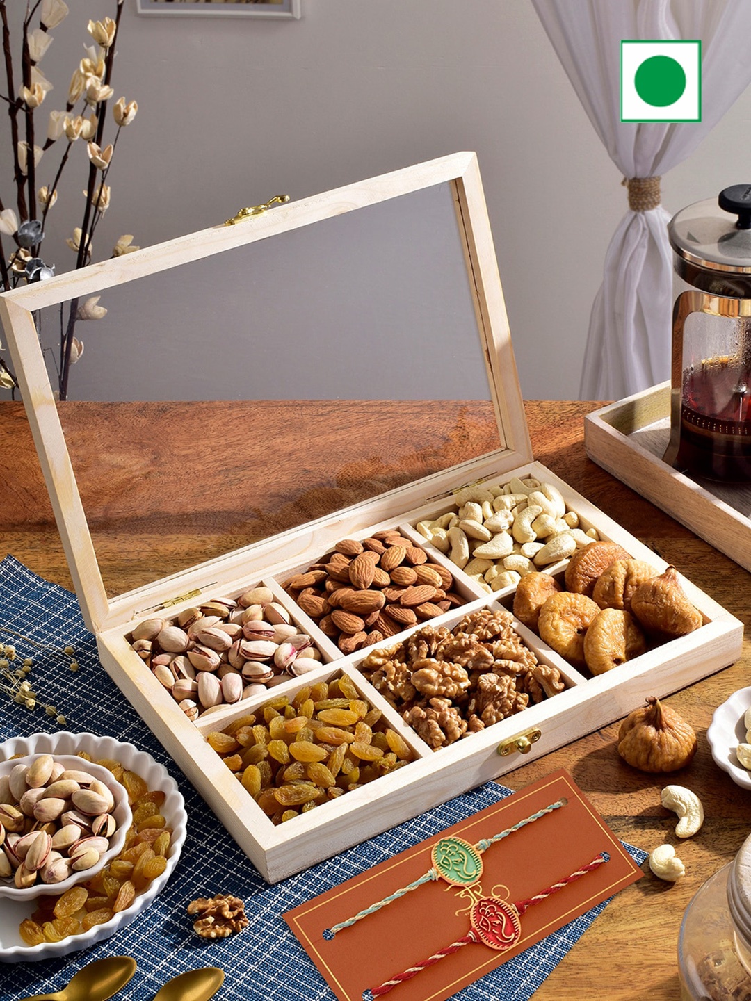 RawFruit Nut Medley Hamper with 2 Rakhis, Cream